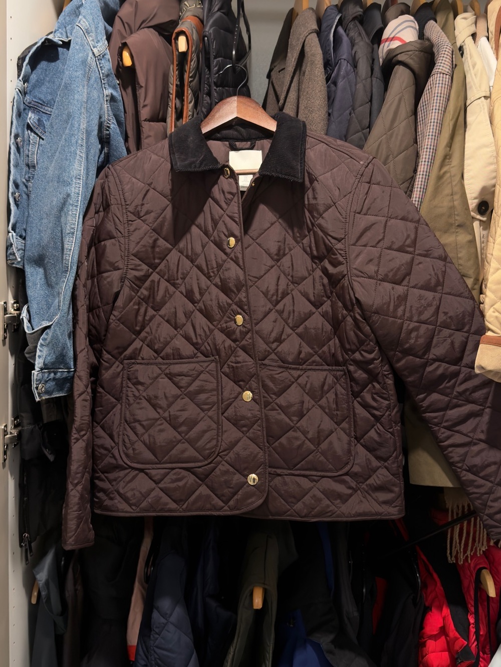 H&M Quilted Dark Brown Puffer Jacket with Black Corduroy Collar